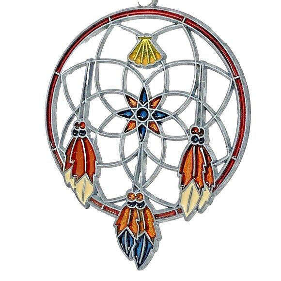 Suncatcher Kachina & Dream Catcher Native Acrylic Stained Glass VTG Set of 2 - Picture 3 of 11